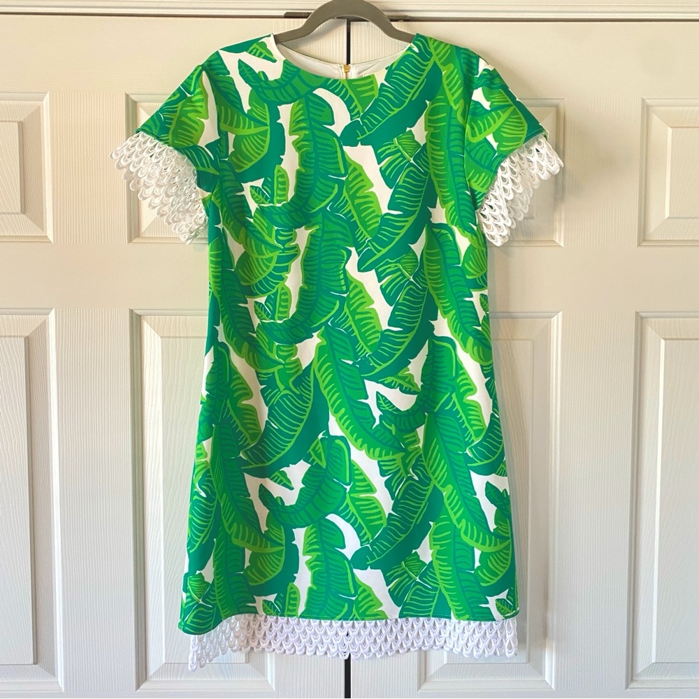 NWT Sail To Sable STS Green and White Palm Print Dress with White Trim, 6
